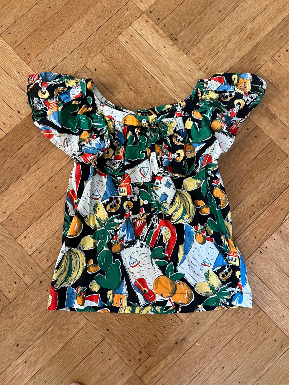 J. Crew Black Multicolor Printed Cotton Ruffle Neck Blouse